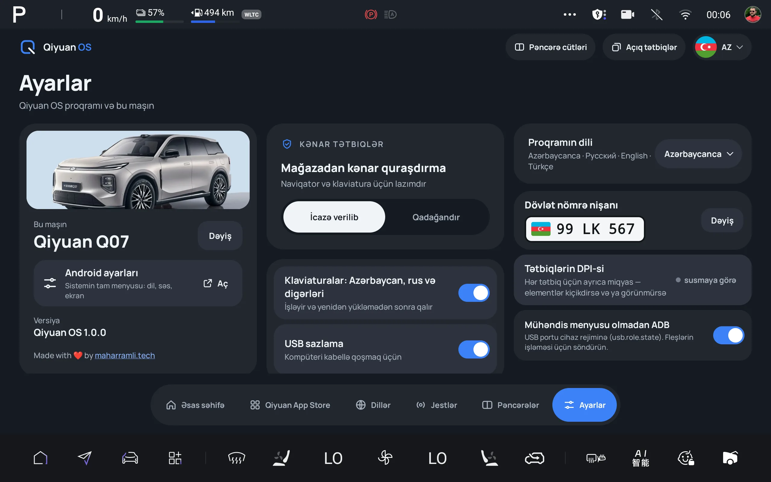 Ayarlar. Avtomobil modeli, proqram dili, tətbiq quraşdırılması və digər ayarlar.